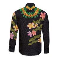 Hawaiian Lei Plumeria and Tropical Leaves Long Sleeve Button Shirt Watercolor Style