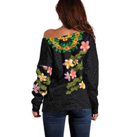 Hawaiian Lei Plumeria and Tropical Leaves Off Shoulder Sweater Watercolor Style