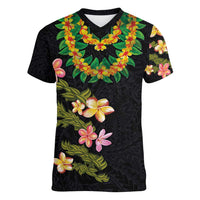 Hawaiian Lei Plumeria and Tropical Leaves Women V-Neck T-Shirt Watercolor Style