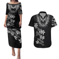Hawaiian Lei Plumeria and Tropical Leaves Couples Matching Puletasi and Hawaiian Shirt Watercolor Style-Grayscale