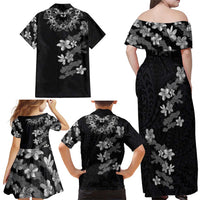 Hawaiian Lei Plumeria and Tropical Leaves Family Matching Off Shoulder Maxi Dress and Hawaiian Shirt Watercolor Style-Grayscale