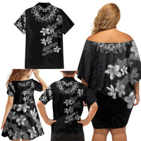 Hawaiian Lei Plumeria and Tropical Leaves Family Matching Off Shoulder Short Dress and Hawaiian Shirt Watercolor Style-Grayscale
