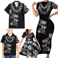 Hawaiian Lei Plumeria and Tropical Leaves Family Matching Short Sleeve Bodycon Dress and Hawaiian Shirt Watercolor Style-Grayscale