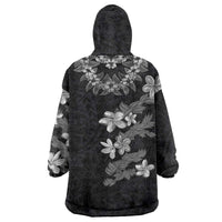 Hawaiian Lei Plumeria and Tropical Leaves Wearable Blanket Hoodie Watercolor Style-Grayscale