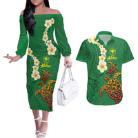 Hawaii Turtle Plumeria Flower Couples Matching Off The Shoulder Long Sleeve Dress and Hawaiian Shirt Polynesian Pattern Green Color