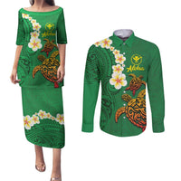 Hawaii Turtle Plumeria Flower Couples Matching Puletasi and Long Sleeve Button Shirt Polynesian Pattern Green Color