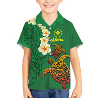 Hawaii Turtle Plumeria Flower Family Matching Long Sleeve Bodycon Dress and Hawaiian Shirt Polynesian Pattern Green Color LT03 Son's Shirt Green - Polynesian Pride