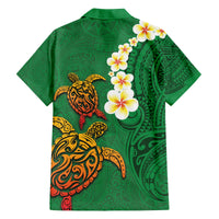 Hawaii Turtle Plumeria Flower Family Matching Off The Shoulder Long Sleeve Dress and Hawaiian Shirt Polynesian Pattern Green Color