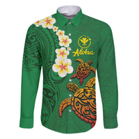 Hawaii Turtle Plumeria Flower Family Matching Puletasi and Hawaiian Shirt Polynesian Pattern Green Color LT03 Dad's Shirt - Long Sleeve Green - Polynesian Pride