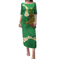Hawaii Turtle Plumeria Flower Family Matching Puletasi and Hawaiian Shirt Polynesian Pattern Green Color LT03 Mom's Dress Green - Polynesian Pride