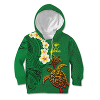Hawaii Turtle Plumeria Flower Kid Hoodie Polynesian Pattern Green Color