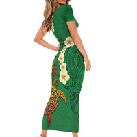 Hawaii Turtle Plumeria Flower Short Sleeve Bodycon Dress Polynesian Pattern Green Color
