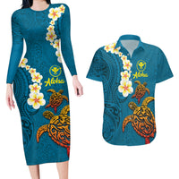 Hawaii Turtle Plumeria Flower Couples Matching Long Sleeve Bodycon Dress and Hawaiian Shirt Polynesian Pattern Blue Color