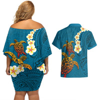 Hawaii Turtle Plumeria Flower Couples Matching Off Shoulder Short Dress and Hawaiian Shirt Polynesian Pattern Blue Color LT03 - Polynesian Pride