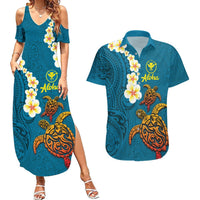 Hawaii Turtle Plumeria Flower Couples Matching Summer Maxi Dress and Hawaiian Shirt Polynesian Pattern Blue Color