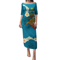 Hawaii Turtle Plumeria Flower Family Matching Puletasi and Hawaiian Shirt Polynesian Pattern Blue Color LT03 Mom's Dress Blue - Polynesian Pride