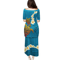 Hawaii Turtle Plumeria Flower Family Matching Puletasi and Hawaiian Shirt Polynesian Pattern Blue Color LT03 - Polynesian Pride