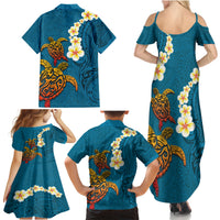 Hawaii Turtle Plumeria Flower Family Matching Summer Maxi Dress and Hawaiian Shirt Polynesian Pattern Blue Color LT03 - Polynesian Pride