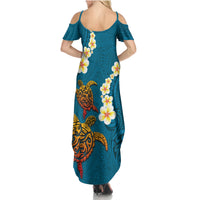 Hawaii Turtle Plumeria Flower Family Matching Summer Maxi Dress and Hawaiian Shirt Polynesian Pattern Blue Color LT03 - Polynesian Pride