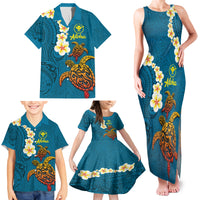 Hawaii Turtle Plumeria Flower Family Matching Tank Maxi Dress and Hawaiian Shirt Polynesian Pattern Blue Color LT03 - Polynesian Pride