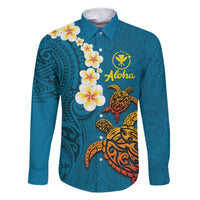 Hawaii Turtle Plumeria Flower Family Matching Tank Maxi Dress and Hawaiian Shirt Polynesian Pattern Blue Color LT03 Dad's Shirt - Long Sleeve Blue - Polynesian Pride