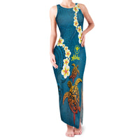 Hawaii Turtle Plumeria Flower Family Matching Tank Maxi Dress and Hawaiian Shirt Polynesian Pattern Blue Color LT03 Mom's Dress Blue - Polynesian Pride