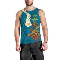 Hawaii Turtle Plumeria Flower Men Tank Top Polynesian Pattern Blue Color LT03 - Polynesian Pride