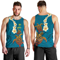 Hawaii Turtle Plumeria Flower Men Tank Top Polynesian Pattern Blue Color LT03 - Polynesian Pride