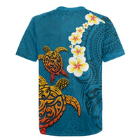 Hawaii Turtle Plumeria Flower Rugby Jersey Polynesian Pattern Blue Color