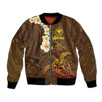 Hawaii Turtle Plumeria Flower Bomber Jacket Polynesian Pattern Brown Color