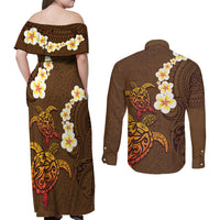Hawaii Turtle Plumeria Flower Couples Matching Off Shoulder Maxi Dress and Long Sleeve Button Shirt Polynesian Pattern Brown Color