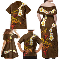 Hawaii Turtle Plumeria Flower Family Matching Off Shoulder Maxi Dress and Hawaiian Shirt Polynesian Pattern Brown Color LT03 - Polynesian Pride