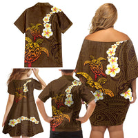 Hawaii Turtle Plumeria Flower Family Matching Off Shoulder Short Dress and Hawaiian Shirt Polynesian Pattern Brown Color LT03 - Polynesian Pride