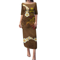 Hawaii Turtle Plumeria Flower Family Matching Puletasi and Hawaiian Shirt Polynesian Pattern Brown Color LT03 Mom's Dress Brown - Polynesian Pride