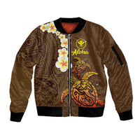 Hawaii Turtle Plumeria Flower Sleeve Zip Bomber Jacket Polynesian Pattern Brown Color