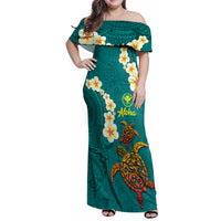 Hawaii Turtle Plumeria Flower Family Matching Off Shoulder Maxi Dress and Hawaiian Shirt Polynesian Pattern Turquoise Color LT03 Mom's Dress Turquoise - Polynesian Pride