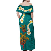 Hawaii Turtle Plumeria Flower Family Matching Off Shoulder Maxi Dress and Hawaiian Shirt Polynesian Pattern Turquoise Color LT03 - Polynesian Pride