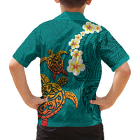 Hawaii Turtle Plumeria Flower Family Matching Off Shoulder Short Dress and Hawaiian Shirt Polynesian Pattern Turquoise Color LT03 - Polynesian Pride