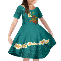 Hawaii Turtle Plumeria Flower Family Matching Puletasi and Hawaiian Shirt Polynesian Pattern Turquoise Color LT03 Daughter's Dress Turquoise - Polynesian Pride