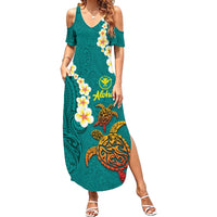 Hawaii Turtle Plumeria Flower Family Matching Summer Maxi Dress and Hawaiian Shirt Polynesian Pattern Turquoise Color LT03 Mom's Dress Turquoise - Polynesian Pride