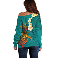 Hawaii Turtle Plumeria Flower Off Shoulder Sweater Polynesian Pattern Turquoise Color