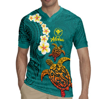Hawaii Turtle Plumeria Flower Rugby Jersey Polynesian Pattern Turquoise Color