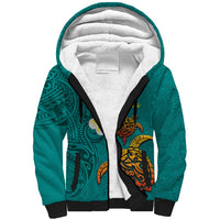 Hawaii Turtle Plumeria Flower Sherpa Hoodie Polynesian Pattern Turquoise Color