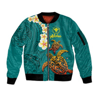 Hawaii Turtle Plumeria Flower Sleeve Zip Bomber Jacket Polynesian Pattern Turquoise Color