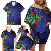 Matariki New Zealand Maori and Pohutukawa Family Matching Off Shoulder Short Dress and Hawaiian Shirt Galaxy Blue Sky Style