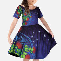 Matariki New Zealand Maori and Pohutukawa Kid Short Sleeve Dress Galaxy Blue Sky Style