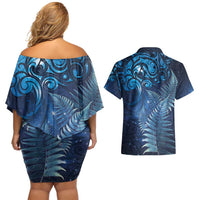 Matariki New Zealand Maori Silver Fern Couples Matching Off Shoulder Short Dress and Hawaiian Shirt Galaxy Blue Sky Style