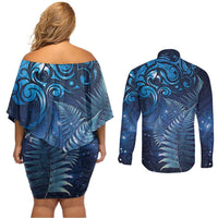 Matariki New Zealand Maori Silver Fern Couples Matching Off Shoulder Short Dress and Long Sleeve Button Shirt Galaxy Blue Sky Style