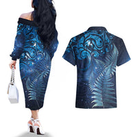 Matariki New Zealand Maori Silver Fern Couples Matching Off The Shoulder Long Sleeve Dress and Hawaiian Shirt Galaxy Blue Sky Style