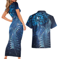 Matariki New Zealand Maori Silver Fern Couples Matching Short Sleeve Bodycon Dress and Hawaiian Shirt Galaxy Blue Sky Style